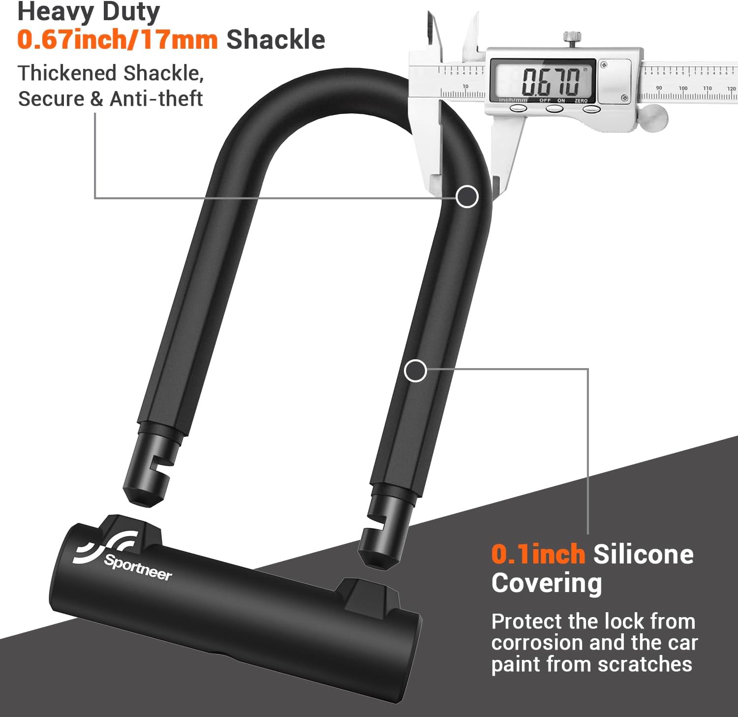 Sportneer Bike Lock: Heavy Duty Anti Theft Bike U Lock with 5ft Security Steel Cable - 17mm Shackle Bicycle U-Locks with 2 Keys & Mounting Bracket for Road Mountain Bike, Size 7.76''x5.02'', 1.64lb