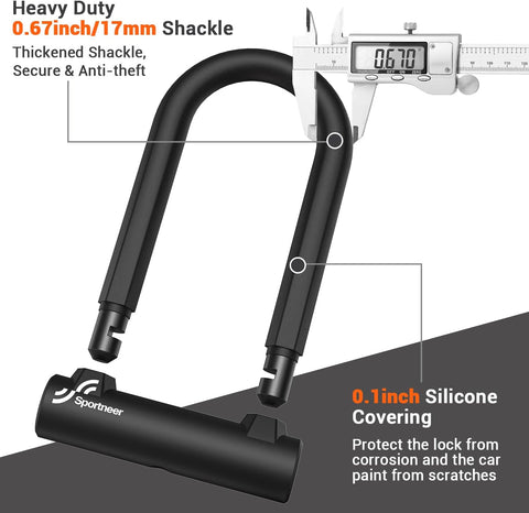 Sportneer Bike Lock: Heavy Duty Anti Theft Bike U Lock with 5ft Security Steel Cable - 17mm Shackle Bicycle U-Locks with 2 Keys & Mounting Bracket for Road Mountain Bike, Size 7.76''x5.02'', 1.64lb