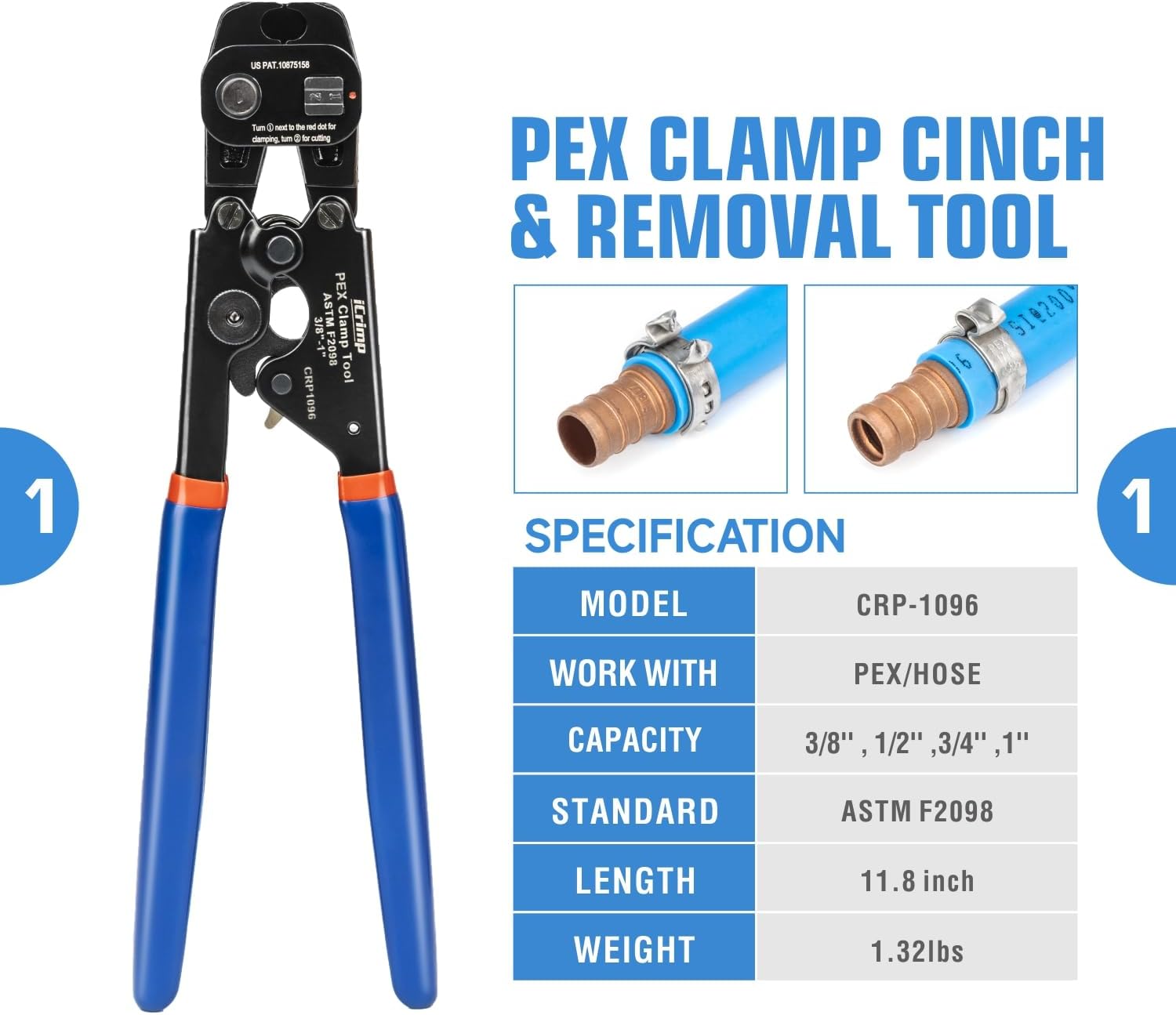iCrimp PEX Clamp Tool PEX Fitting Kit for Cinch and Removal 3/8-in, 1/2-in, 3/4-in, 1-in PEX Clamps, c/w 1/2''(20 Pack) PEX Clamp Rings, Brass PEX Crimp Fittings(12 Pack), PEX Tubing Cutter