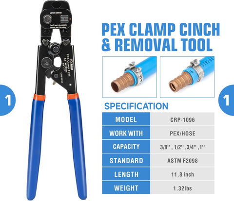 iCrimp PEX Clamp Tool PEX Fitting Kit for Cinch and Removal 3/8-in, 1/2-in, 3/4-in, 1-in PEX Clamps, c/w 1/2''(20 Pack) PEX Clamp Rings, Brass PEX Crimp Fittings(12 Pack), PEX Tubing Cutter