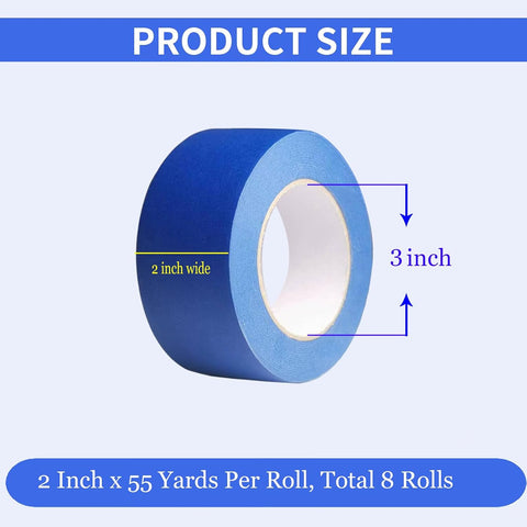 Painters Tape 2 Inch Wide, 8 Pack Blue Masking Tape for General Purpose Use, 2 Inches x 55 Yards x 8 Rolls, 440 Yards in Total