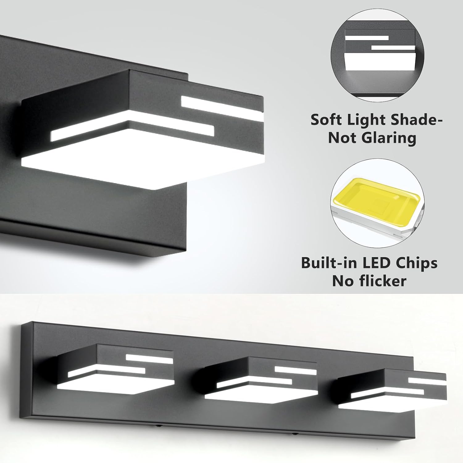 LED Modern Bathroom Vanity Light Fixtures, Dimmable Matte Black Vanity Lights for Bathroom Lighting Fixtures Over Mirror, with 360° Rotatable Acrylic Heads 3-Light 22-inch (Cool White 6000K)