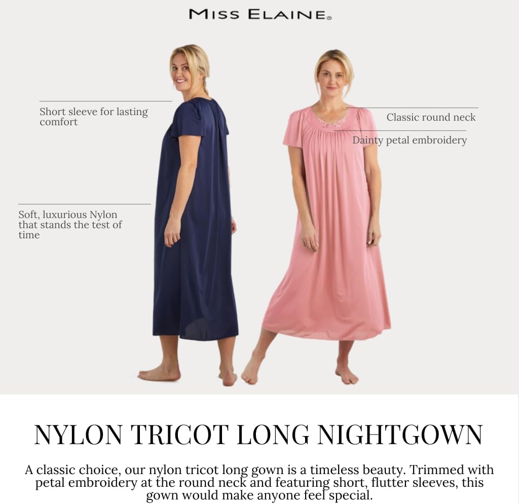 Miss Elaine Women's Long Tricot Nightgown, Short Flutter Sleeves, Comfortable Lightweight Fabric, Sleepwear