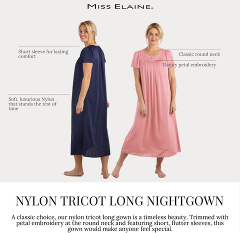 Miss Elaine Women's Long Tricot Nightgown, Short Flutter Sleeves, Comfortable Lightweight Fabric, Sleepwear