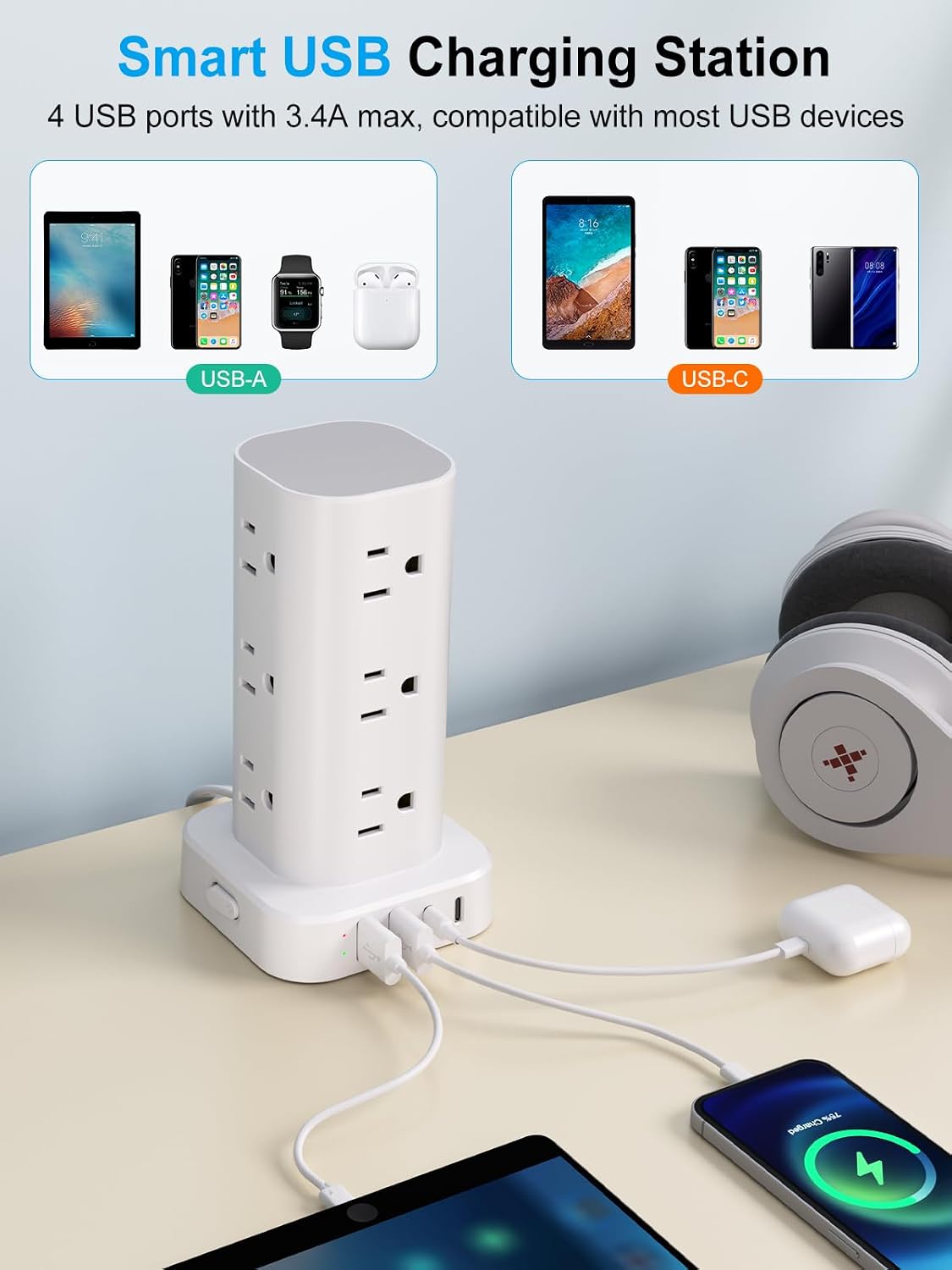 6FT Power Strip Tower with Wireless Charger,Surge Protector with 12 Outlets