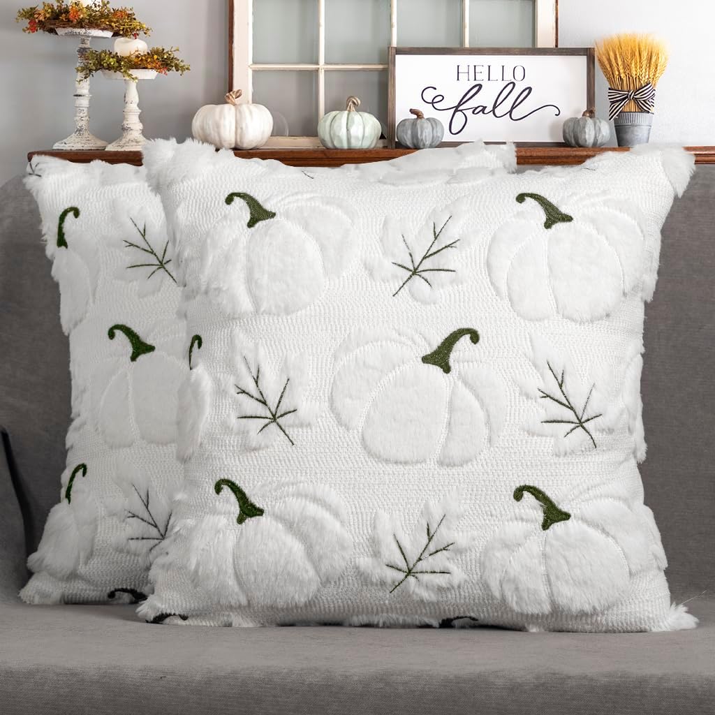 4TH Emotion Fall Pumpkins Leaves Decorative Pillow Covers 18"x18" Set of 2, White Soft Plush Faux Fur Throw Cushion Cases for Autumn Thanksgiving Holiday Home Decorations