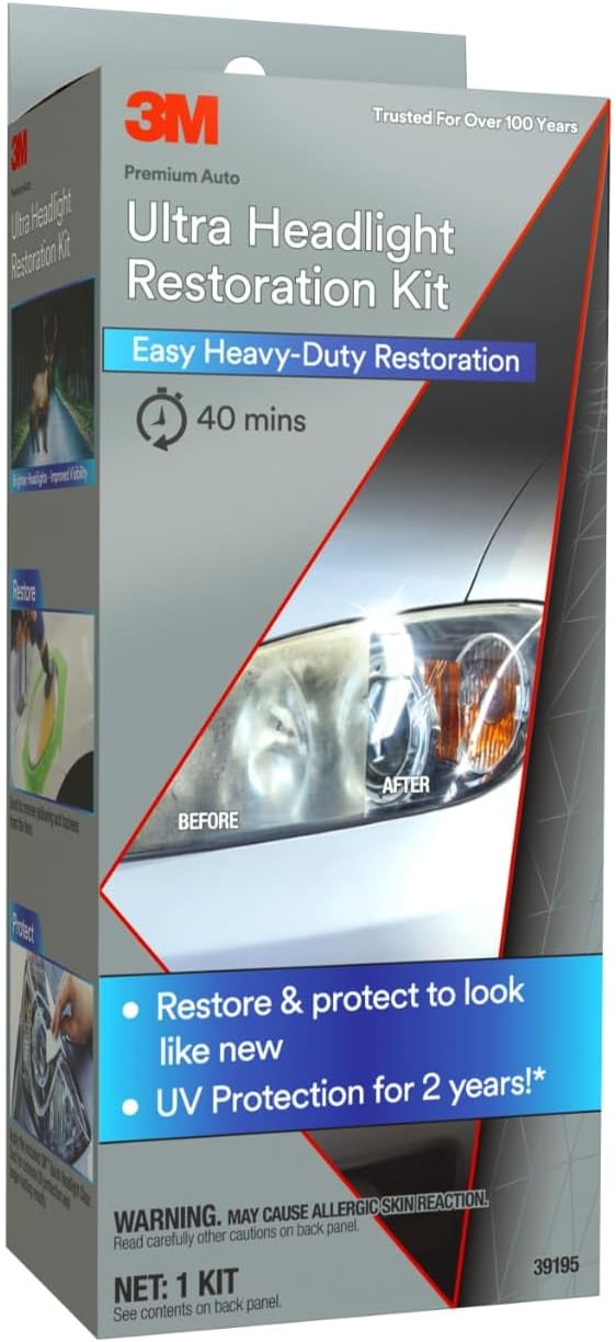 3M Ultra Headlight Restoration Kit, Contains Masking Tape, Light Sanding Discs, Wax Protectant and More, Use on Plastic Lenses Headlights, Taillights and More, Easy Heavy-Duty Restoration (39195)