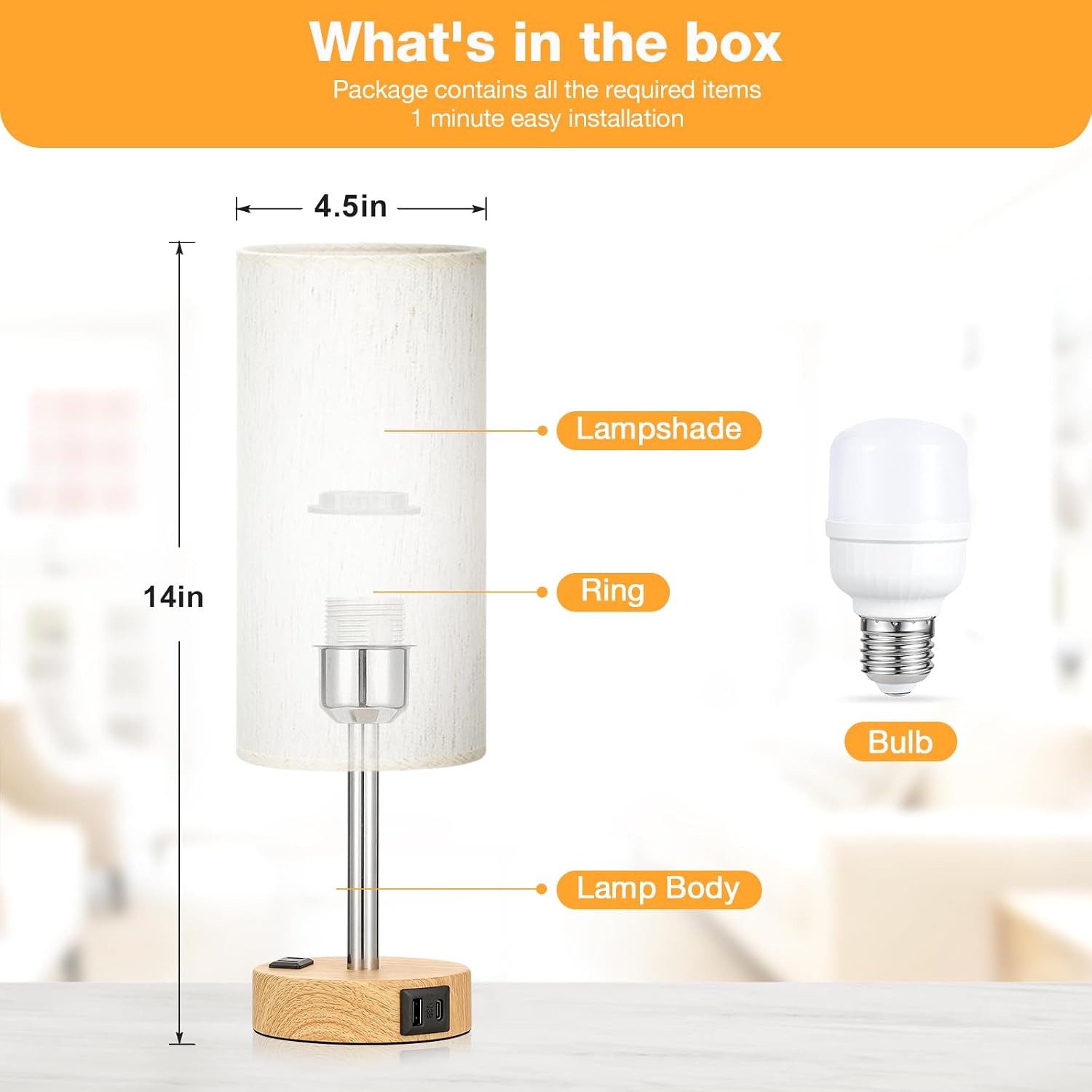 Fenmzee Bedside Table Lamp for Bedroom - Dimmable Touch, USB A+C, AC Outlet