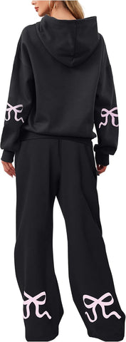 Livtany Women's 2 Piece Outfits Bow Trim Print Hoodie Sweatsuit Sets Oversized Sweatshirt Wide Leg Sweatpants With Pockets