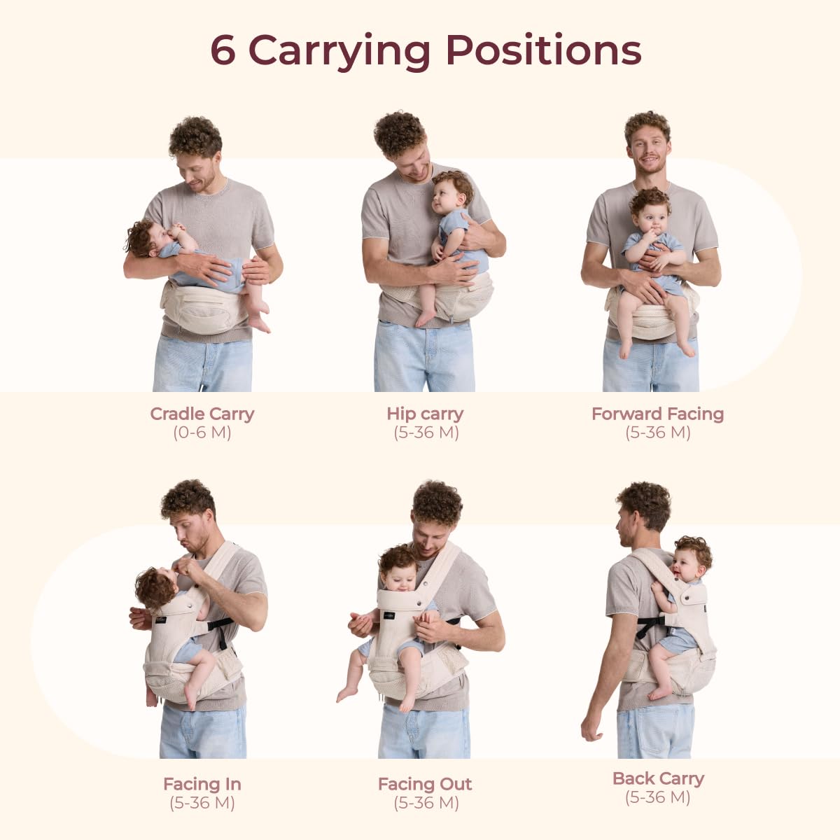 Momcozy Baby Carrier with Hip Seat, 2-in-1 Forward-Facing Carry for Active Babies, Detachable Hands-Free Carrier up to 44lbs, Breathable Infant Carrier Fits Waist Sizes up to 45 Inches, AirMesh Almond