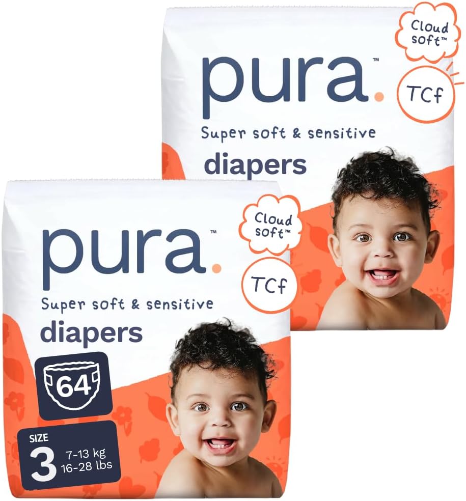 Pura Baby Diapers Size 3 (16-28 lbs) 64 Count Sensitive Skin