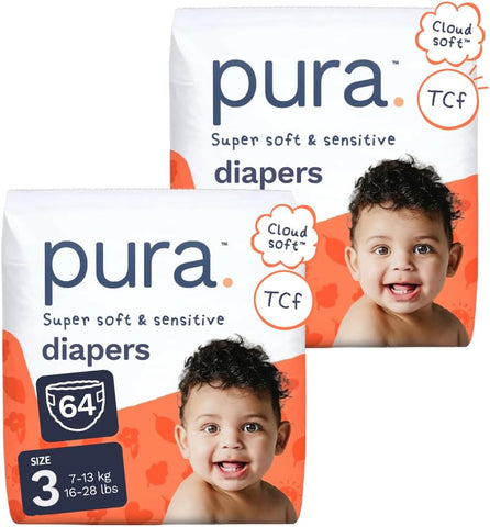 Pura Baby Diapers Size 3 (16-28 lbs) 64 Count Sensitive Skin