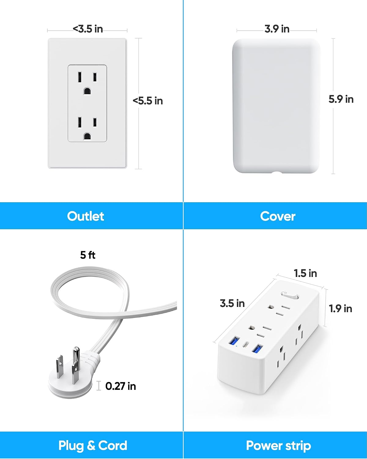 Olcorife Flat Extension Cord with Outlet Cover, Flat Plug Power Strip with 6 Outlets and 3 USB Ports, 3 FT Cord Hidden Outlet Extender for Tight Spaces