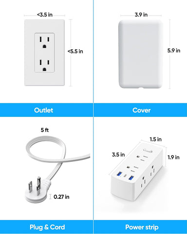 Olcorife Flat Extension Cord with Outlet Cover, Flat Plug Power Strip with 6 Outlets and 3 USB Ports, 3 FT Cord Hidden Outlet Extender for Tight Spaces