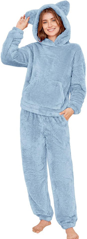 COZYPOIN Women's Fuzzy Pajamas Sets Hooded Bear Ear Fluffy Fleece Loungewear Sleep Pullover Top Pants 2 Piece Outfits Pockets
