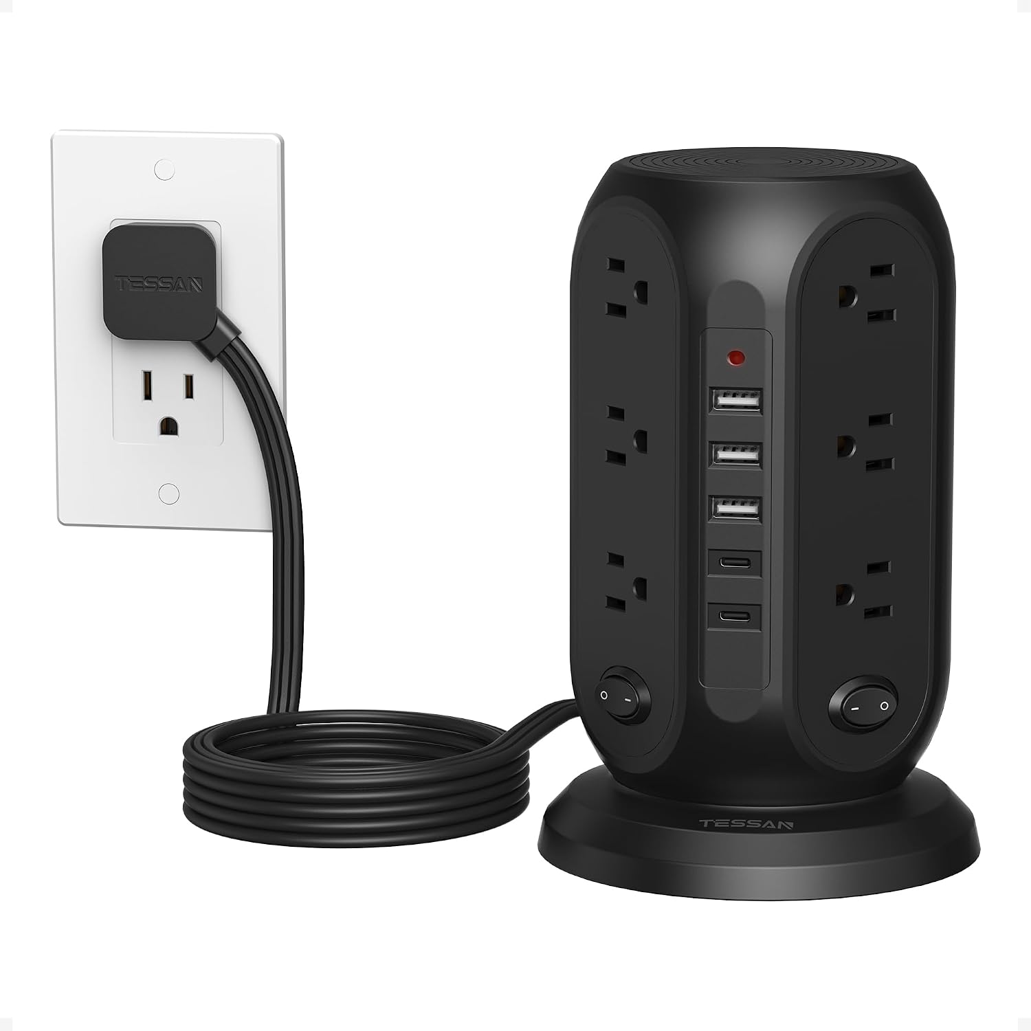 TESSAN Tower Power Strip Surge Protector, Flat Extension Cord 10 Ft,Black