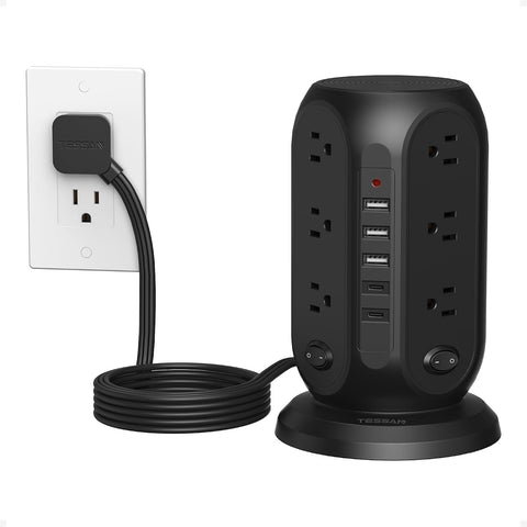TESSAN Tower Power Strip Surge Protector, Flat Extension Cord 10 Ft,Black