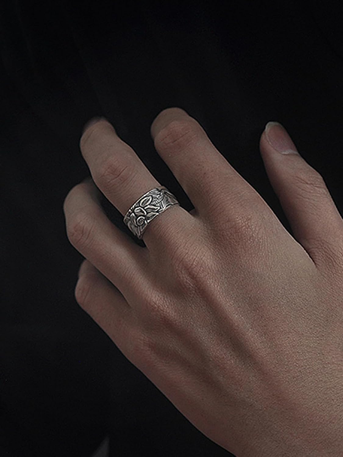 Vintage Silver Feng Shui Lotus Ring - Adjustable Heart Sutra Mantra Rings for Women Men, Protection Wealth Lucky Ring, Tibetan Buddhist Good Luck Amulet Meditation Gifts
