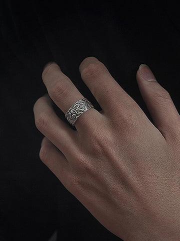 Vintage Silver Feng Shui Lotus Ring - Adjustable Heart Sutra Mantra Rings for Women Men, Protection Wealth Lucky Ring, Tibetan Buddhist Good Luck Amulet Meditation Gifts