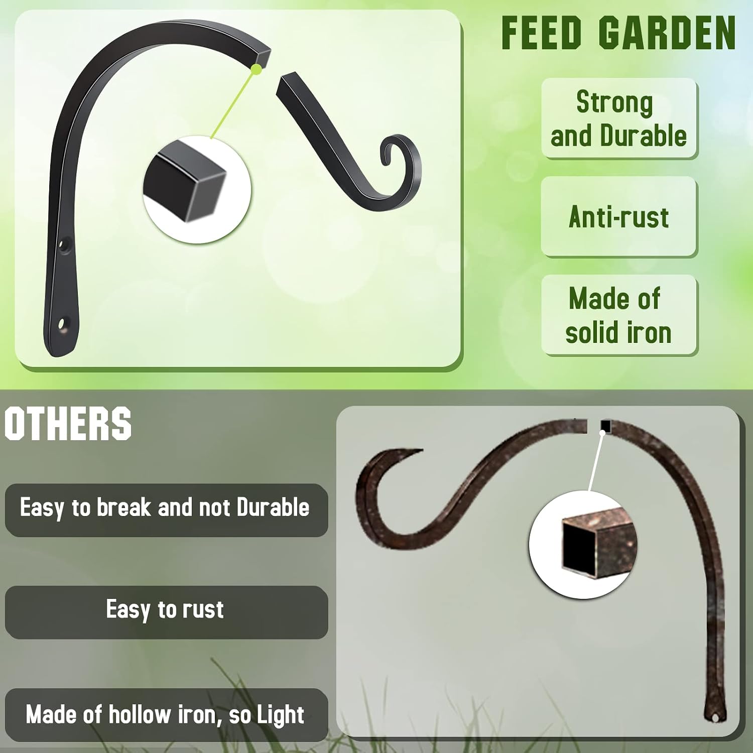 FEED GARDEN Heavy Duty Plant Hangers Outdoor Indoor, 8 Inch 2 Pack Metal Hanging Bracket Holds Up to 44 lbs, Wall Brackets for Hanging Baskets, Bird Feeders,Wind Chime& Lanterns, Black