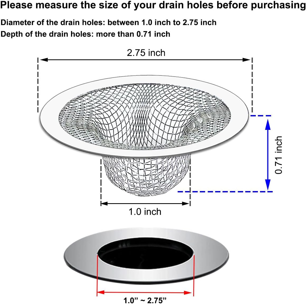 Seatery 2.75" Top / 1.0" Basket Bathtub Drain Strainers, Bathroom Sink Strainers, Shower Drain Hair Catcher, Drain Strainer for Laundry, Mop Pool, Utility, Slop, RV Sink, Stainless Steel, Pack-6