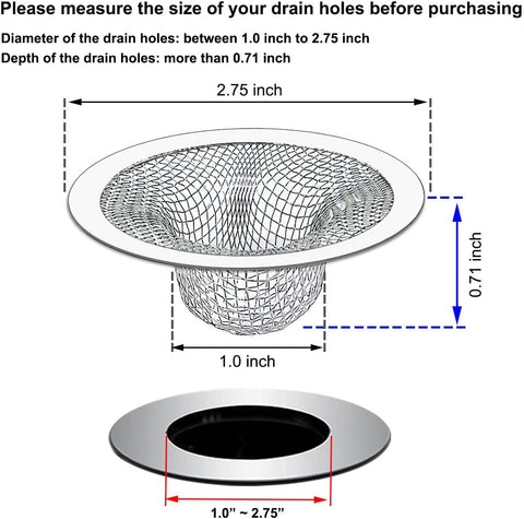 Seatery 2.75" Top / 1.0" Basket Bathtub Drain Strainers, Bathroom Sink Strainers, Shower Drain Hair Catcher, Drain Strainer for Laundry, Mop Pool, Utility, Slop, RV Sink, Stainless Steel, Pack-6