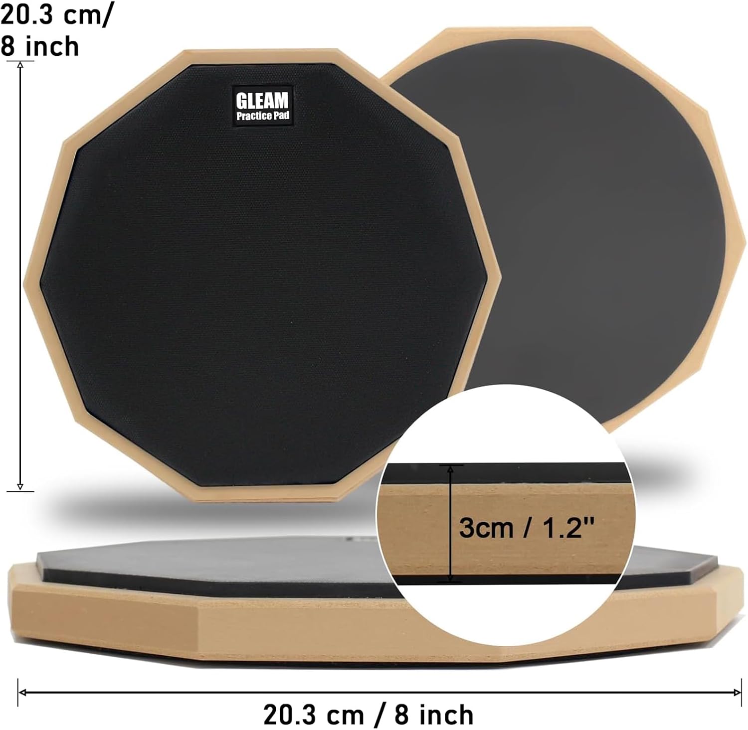 GLEAM Drum Practice Pad - 8 inch Silicone Surface High Density Compressed Wood Foam Backside (Double-sided) (8 inch rubber)