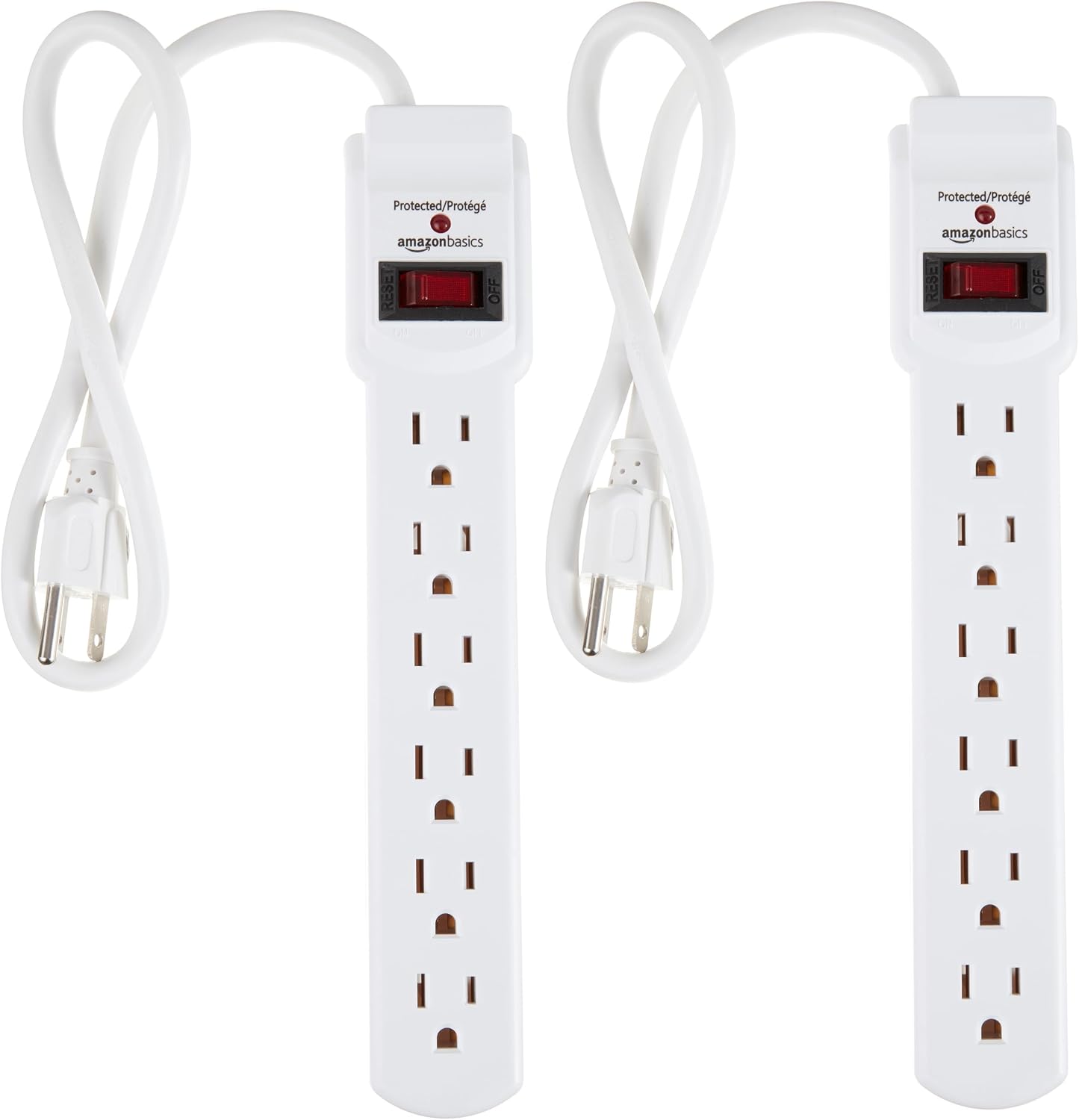 Amazon Basics Surge Protector Power Strip, 6-Outlet with 200J Protection, Circuit Breaker, LED Indicator, On/Off Switch, Wall-Mounting, 2ft Extension Cord, White, 2-Pack