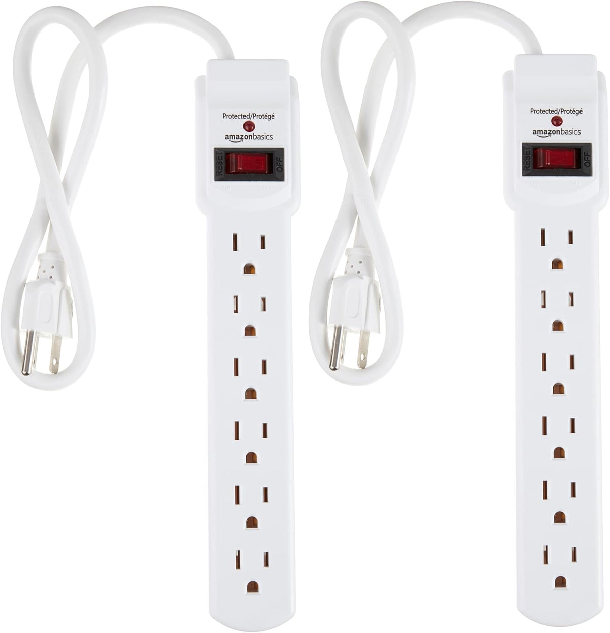 Amazon Basics Surge Protector Power Strip, 6-Outlet with 200J Protection, Circuit Breaker, LED Indicator, On/Off Switch, Wall-Mounting, 2ft Extension Cord, White, 2-Pack