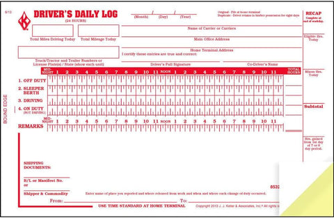 J. J. Keller Driver Daily Log Book with Carbon, 25 Pack
