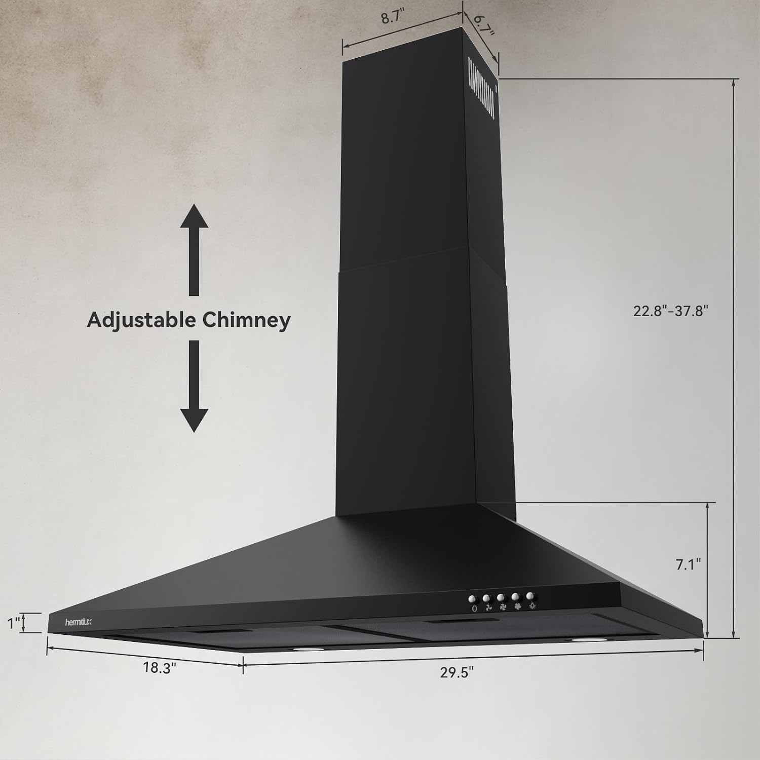 Hermitlux 30 inch Wall Mount Range Hood, Vent Hood for Kitchen with Charcoal Filter, Ducted/Ductless Convertible，Black