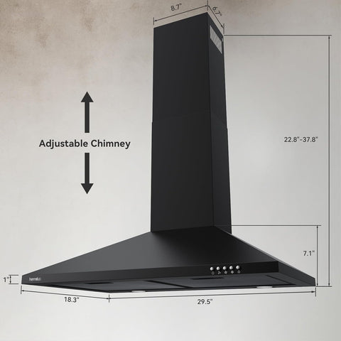 Hermitlux 30 inch Wall Mount Range Hood, Vent Hood for Kitchen with Charcoal Filter, Ducted/Ductless Convertible，Black