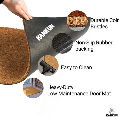 KANKUN Coco Coir Door Mat with Heavy Duty Backing, Welcome Doormat (17" x 30"), Doormat Entrance (Double Box)