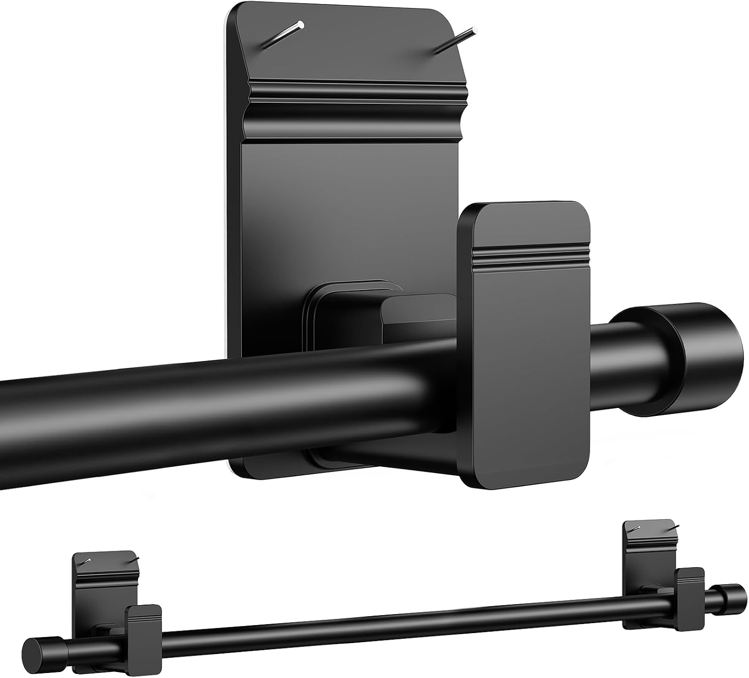 No Drill Curtain Rods for Windows 30 to 45 Inches,【Upgrade Dual Support】 Adhesive & Invisible Nail 5/8 Inch Curtain Rod No Drilling, Renter Friendly for Apartments Dorms, Black