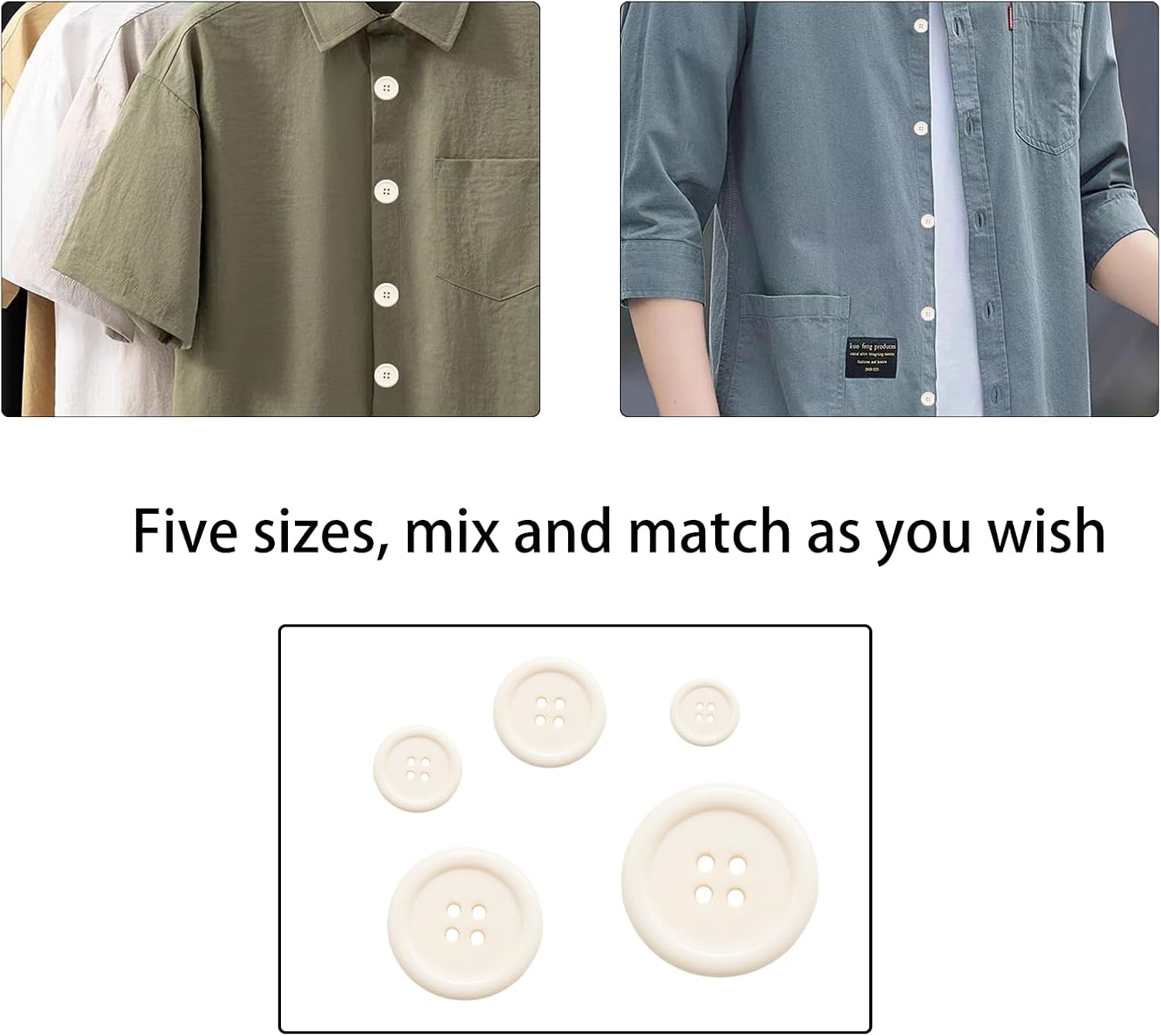 Lilaly 100 pcs Beige Buttons for Crafts, 5 Sizes Mixed Round Sewing Buttons for Clothes, Suitable for for DIY Crafts, Coats, Shirts, Pants, Shorts