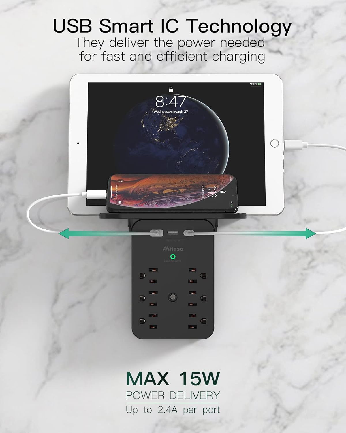 Wall Outlet Extender with Shelf, Surge Protector 6 AC Multi Plug Outlet