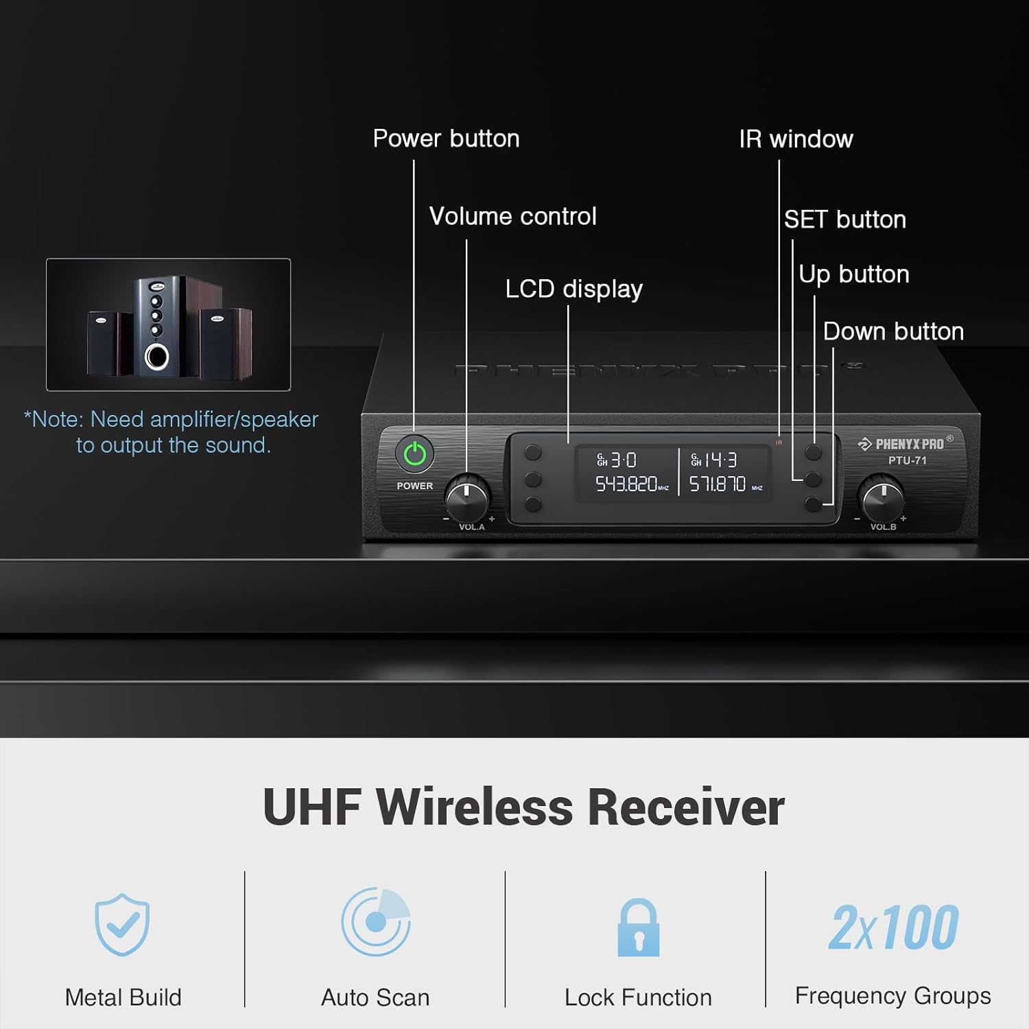 Phenyx Pro Dual UHF Auto Scan Handheld Wireless Microphone System PTU-71-2H