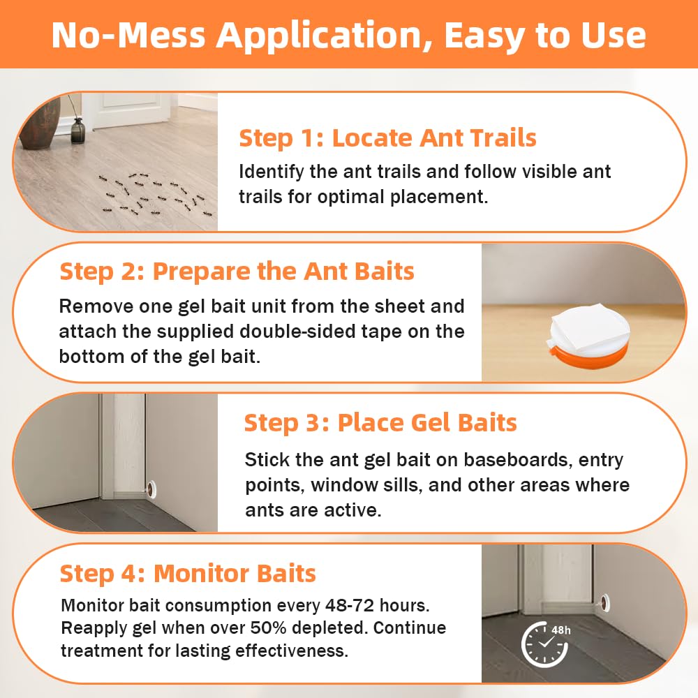 48 Pack Slow-Acting Ant Gel Bait for Eliminate Entire Ant Colony, Effective Carpenter Ant Bait Gel Ant Traps Indoor for Home Kitchen Bathroom, Long Lasting Carpenter Ant Killer Outdoor, Ready-to-Use