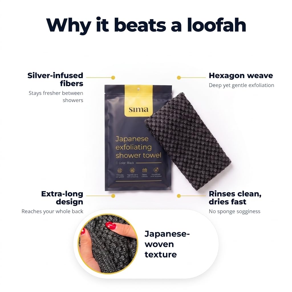 Sima Brand Exfoliating Washcloth Face & Body Scrub Towel - Japanese Exfoliating Towel with Hexagon Fibers, Body Scrubber with 2 Sides for Scrubbing & Washing, Extra Long Body Towels (Black)