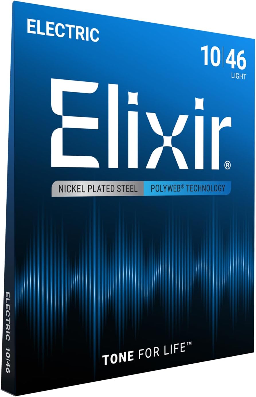 Elixir Strings, Electric Guitar Strings, Nickel Plated Steel with POLYWEB Technology, Longest-Lasting Warm Tone with Comfortable Feel, 6 String Set, Light 10-46