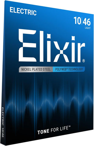 Elixir Strings, Electric Guitar Strings, Nickel Plated Steel with POLYWEB Technology, Longest-Lasting Warm Tone with Comfortable Feel, 6 String Set, Light 10-46