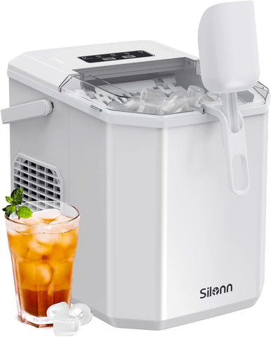 Silonn Ice Maker Countertop, Portable Ice Machine with Carry Handle, Self-Cleaning Ice Makers with Basket and Scoop, 9 Cubes in 6 Mins, 26 lbs per Day, Ideal for Home, Kitchen, Camping, RV, White