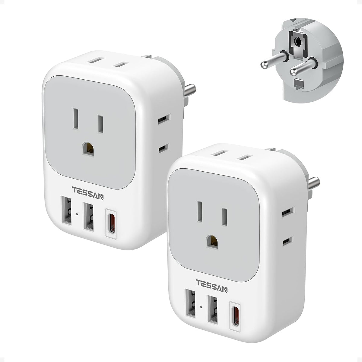 TESSAN 2 Pack Type E F Plug Adapter, Schuko Plug