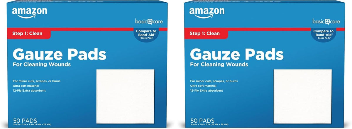 Amazon Basic Care Gauze Pads, 3x3 inches Sterile Medical Wound Dressing Sponges, 12-Ply, Ultra Soft, Extra Absorbent, 50 Count, (Previously All Health) (Pack of 2)