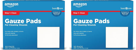 Amazon Basic Care Gauze Pads, 3x3 inches Sterile Medical Wound Dressing Sponges, 12-Ply, Ultra Soft, Extra Absorbent, 50 Count, (Previously All Health) (Pack of 2)