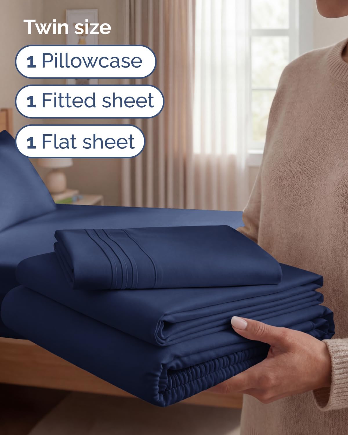 Twin Size 3 Piece Sheet Set - Comfy Breathable & Cooling Sheets - Navy Blue