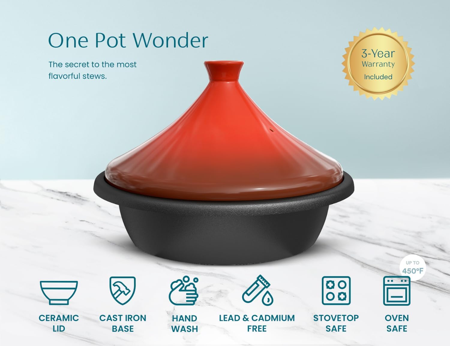 Kook Moroccan Tagine, Enameled Cast Iron Cooking Pot, 3.3 Qt, Crimson