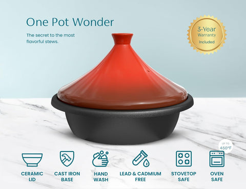 Kook Moroccan Tagine, Enameled Cast Iron Cooking Pot, 3.3 Qt, Crimson