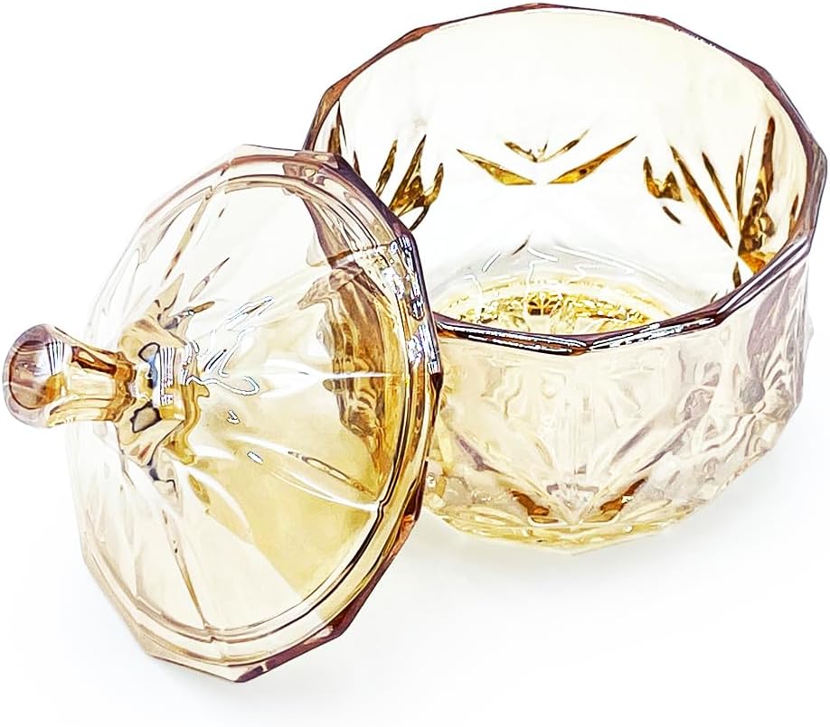 8oz Glass Candy Jar with Lid,Small Crystal Fall Candy Dish,Apothecary Jar for Cotton Balls Q Tips Small Accessories Office Bathroom Dining Room Organizer (Amber)