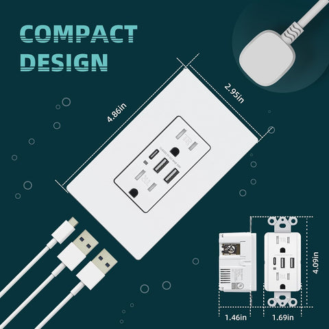TOPELER 6.0A USB Power Outlet, 15A TR Receptacle with USB-C/A Ports, 2 Pack